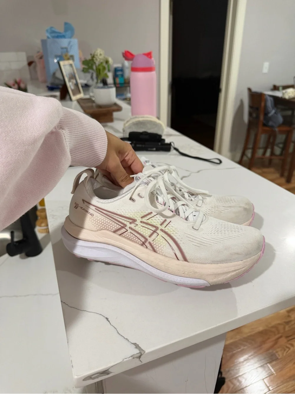 Asics GEL-Kayano 33 Women's Running Shoe - White with Pink Accents